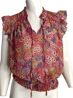 Joie Top Blouse Medium Short Ruffle Sleeve Tie Neck Smocked Waist Floral Sheer